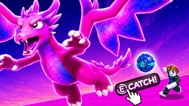 Official Roblox artwork shows a pink dragon beside a blue Capture Ball and an E Catch prompt.