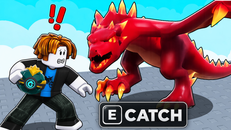Official Roblox artwork shows a player holding a Capture Ball beside a red dragon and an E Catch prompt.