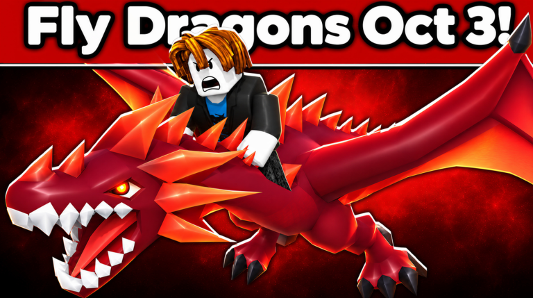 Official Roblox artwork shows a player riding a red dragon beneath a Fly Dragons Oct 3 banner.