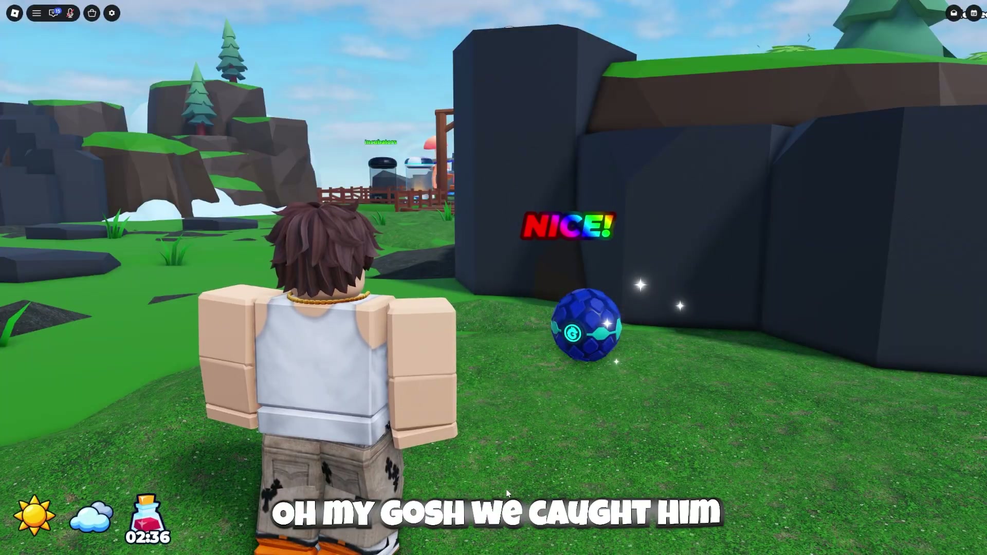A Capture Ball rests beside a wall as NICE appears during one reported successful catch.