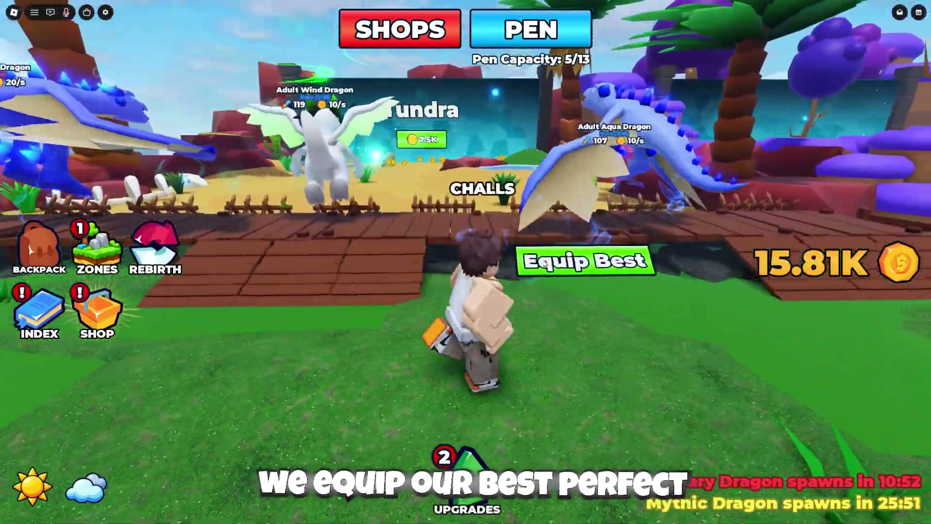 A bright pen scene with dragons and the green Equip Best button visible.