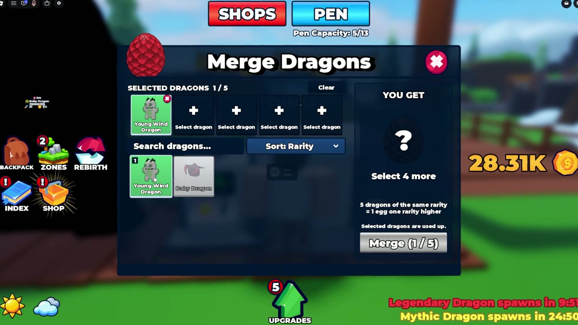Merge panel says five dragons of the same rarity make one egg one rarity higher and selected dragons are used up.