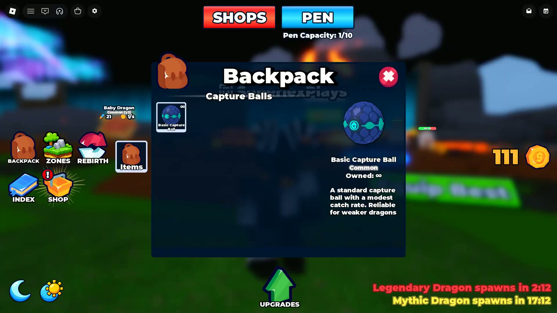 The Backpack panel describes the Basic Capture Ball as Common and shows its modest catch rate text.
