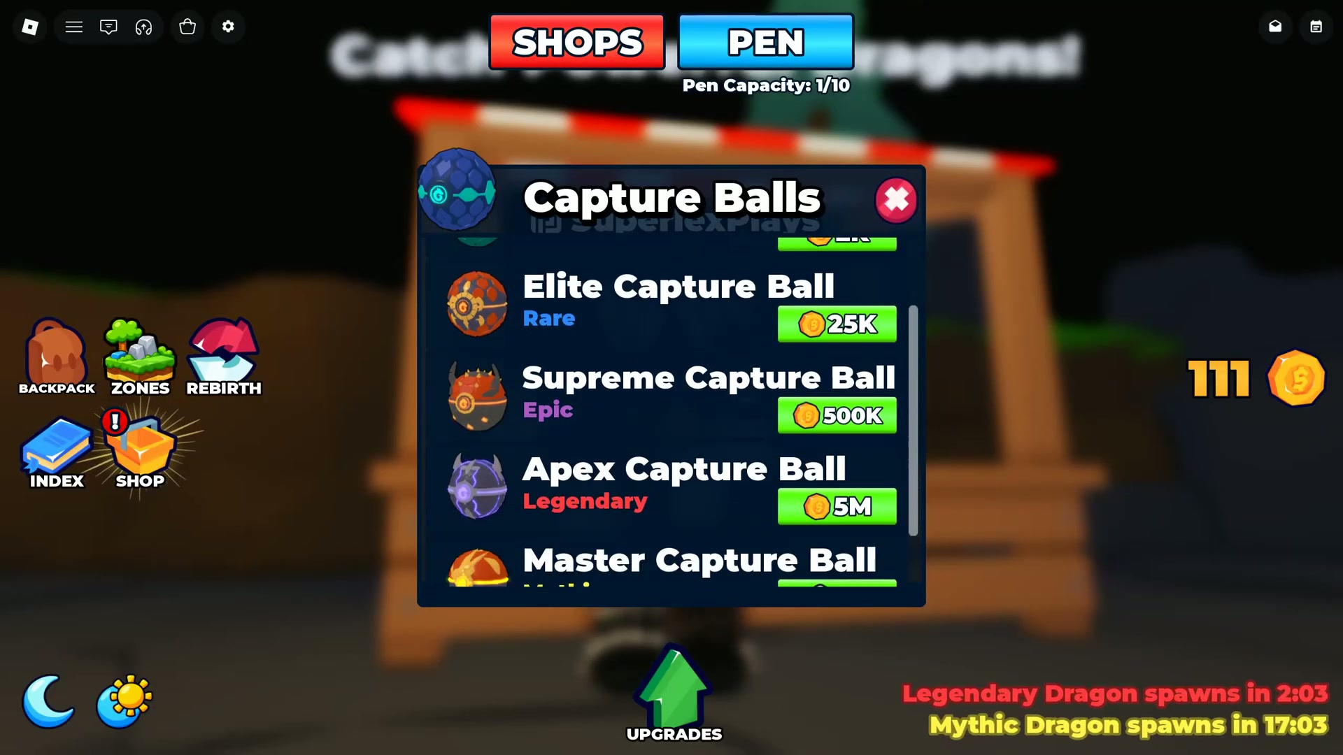 The Capture Balls shop shows Elite at 25K, Supreme at 500K, and Apex at 5M.