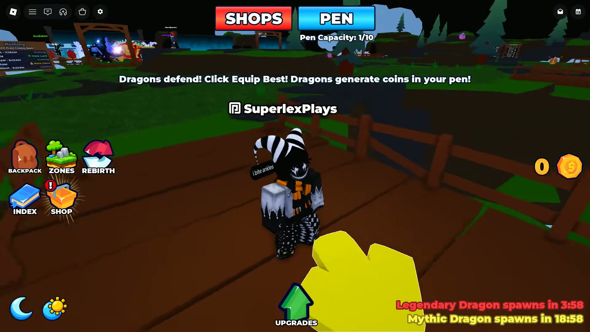 The PEN panel shows 1/10 alongside Legendary and Mythic spawn counters.